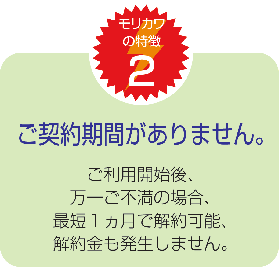 ご契約期間がありません。モリカワのでんきをご利用開始後、万一ご不満の場合、最短１ヵ月で解約可能、解約金も発生しません。