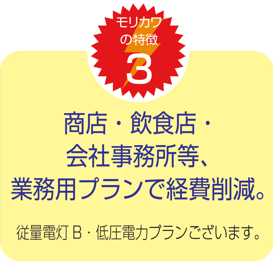 商店・飲食店・会社事務所等、業務用プランで経費削減。従量電灯B・低圧電力プランございます。